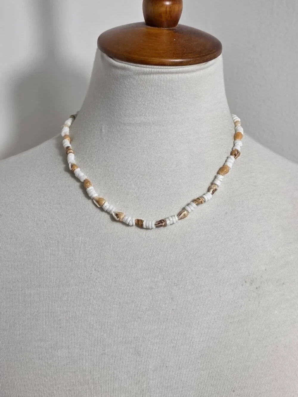 Bohemian-Style Necklace White Heishi Beads with Small Tan Seashell Spacers